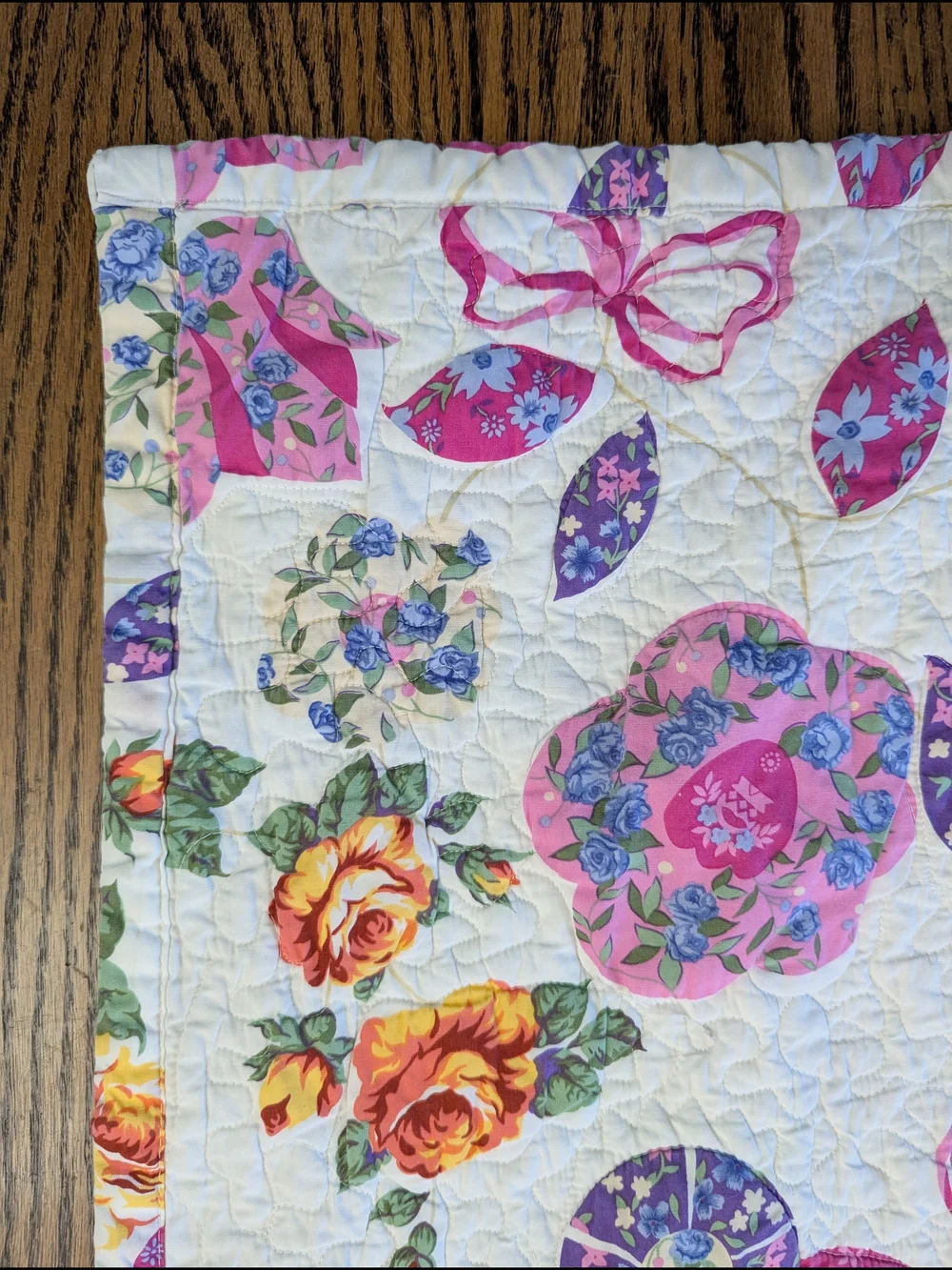 Twin Floral Quilted Bedspread in White with Pink, Purple & Yellow Flowers